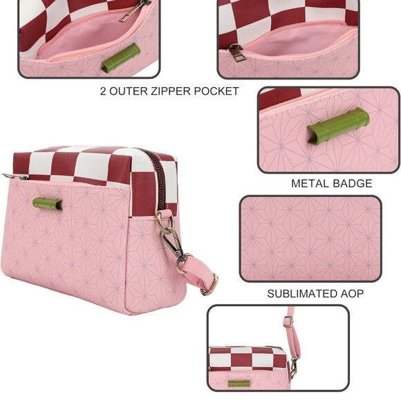 Demon Slayer Nezuko Metal Badge Women's Pink Crossbody Handbag - Picture 9 of 9